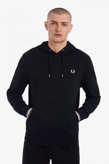 Black Fred Perry Tipped Hooded Men's Sweatshirts | PH 1610KORI